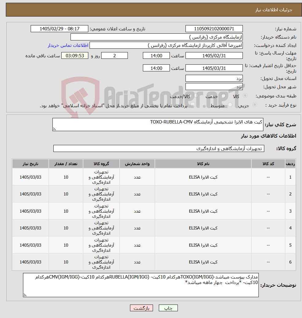 تصویر کوچک آگهی نیاز کالا-کیت های الایزا تشخیصی آزمایشگاه TOXO-RUBELLA-CMV