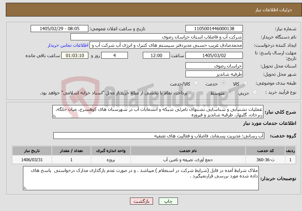 تصویر کوچک آگهی نیاز خدمات-عملیات نشتیابی و شناسایی نشتهای نامرئی شبکه و انشعابات آب در شهرستان های کوهسرخ، میان جلگه، زبرخان، گلبهار، طرقبه شاندیز و فیروزه