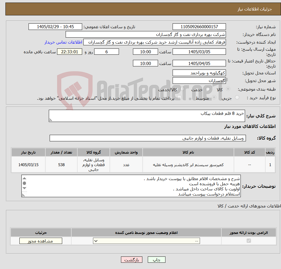 تصویر کوچک آگهی نیاز کالا-خرید 8 قلم قطعات پیکاب