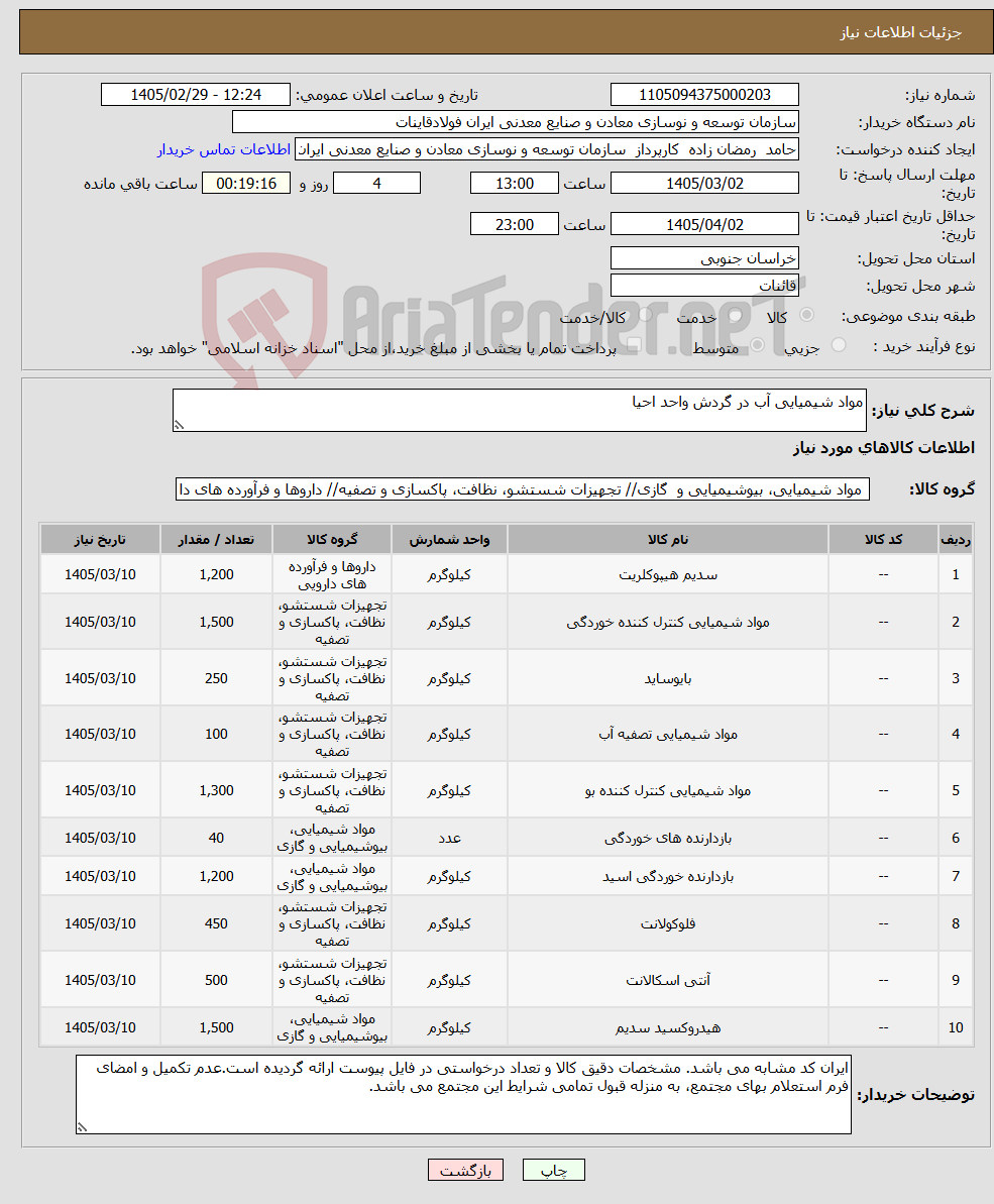 تصویر کوچک آگهی نیاز کالا-مواد شیمیایی آب در گردش واحد احیا