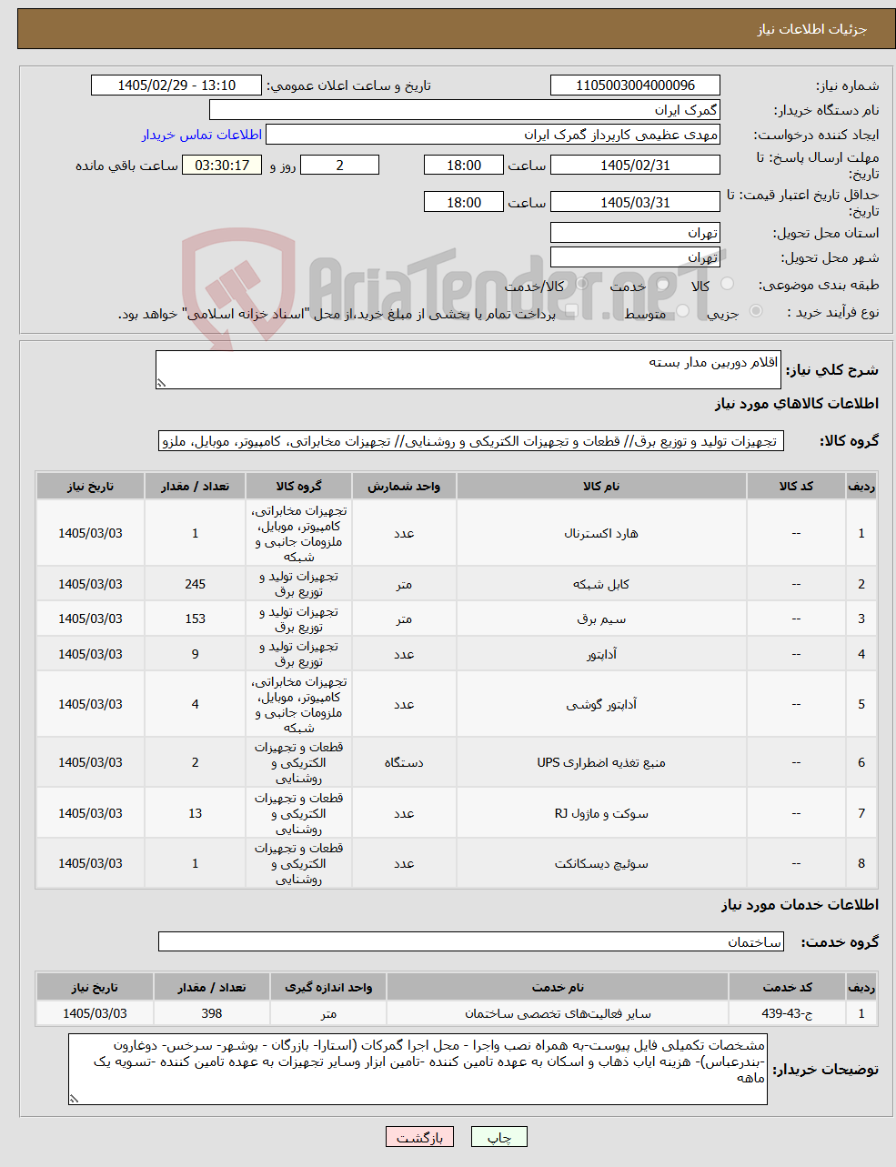 تصویر کوچک آگهی نیاز خدمت/کالا-اقلام دوربین مدار بسته 