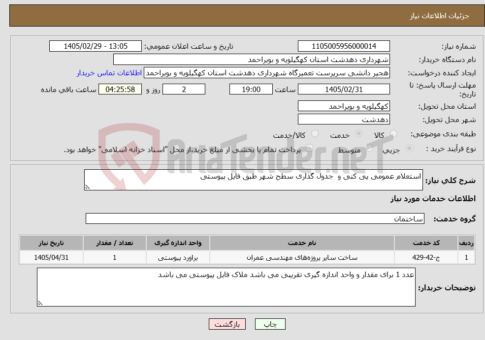 تصویر کوچک آگهی نیاز خدمات-استعلام عمومی پی کنی و جدول گذاری سطح شهر طبق فایل پیوستی