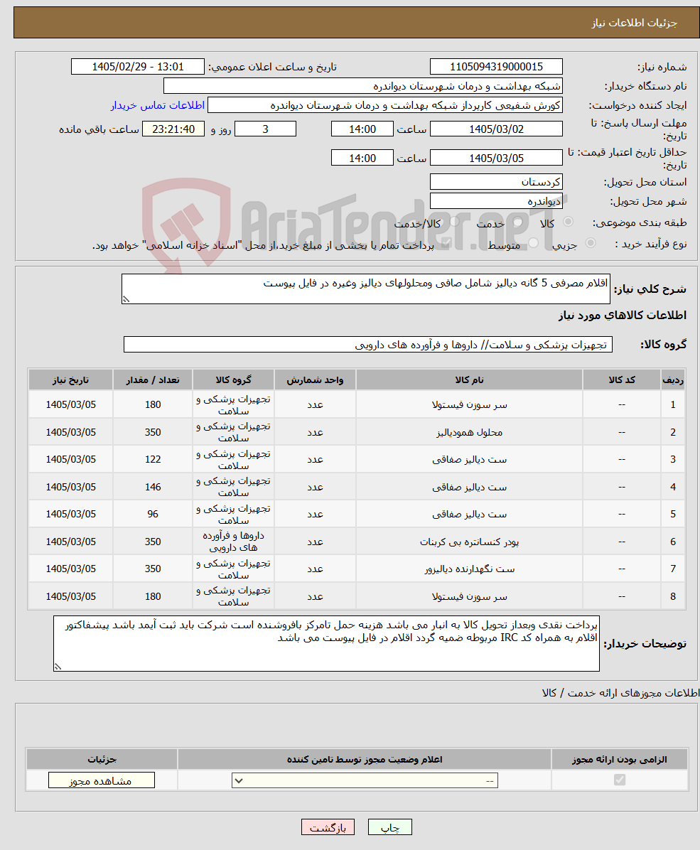 تصویر کوچک آگهی نیاز کالا-اقلام مصرفی 5 گانه دیالیز شامل صافی ومحلولهای دیالیز وغیره در فایل پیوست