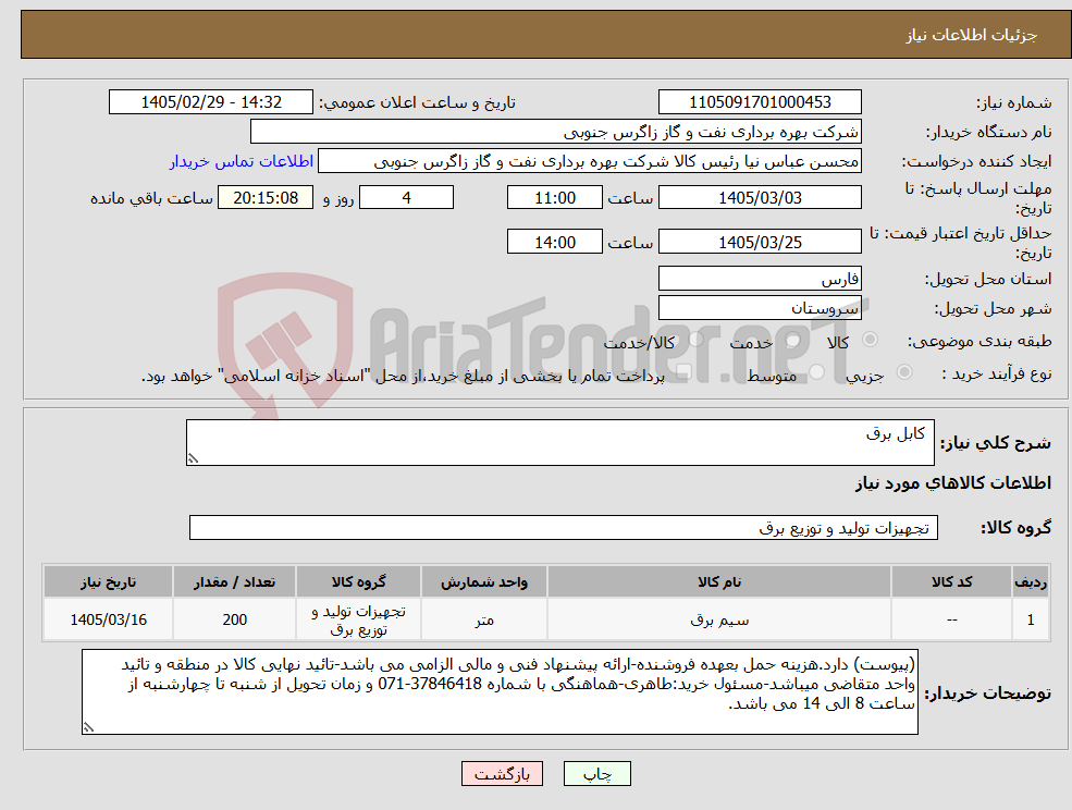 تصویر کوچک آگهی نیاز کالا- کابل برق 