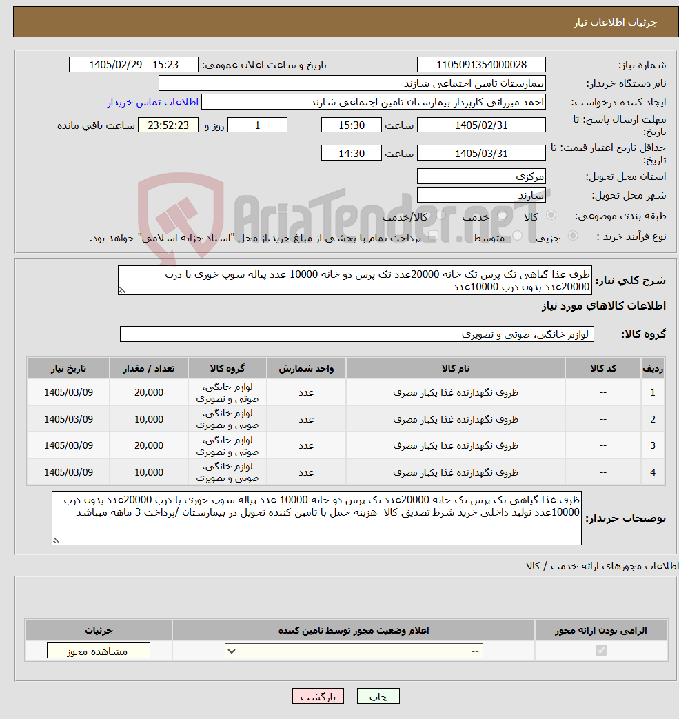 تصویر کوچک آگهی نیاز کالا-ظرف غذا گیاهی تک پرس تک خانه 20000عدد تک پرس دو خانه 10000 عدد پیاله سوپ خوری با درب 20000عدد بدون درب 10000عدد