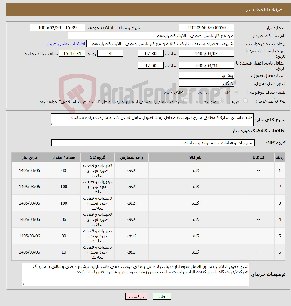 تصویر کوچک آگهی نیاز کالا-گلند ماشین سازی/ مطابق شرح پیوست/ حداقل زمان تحویل عامل تعیین کننده شرکت برنده میباشد