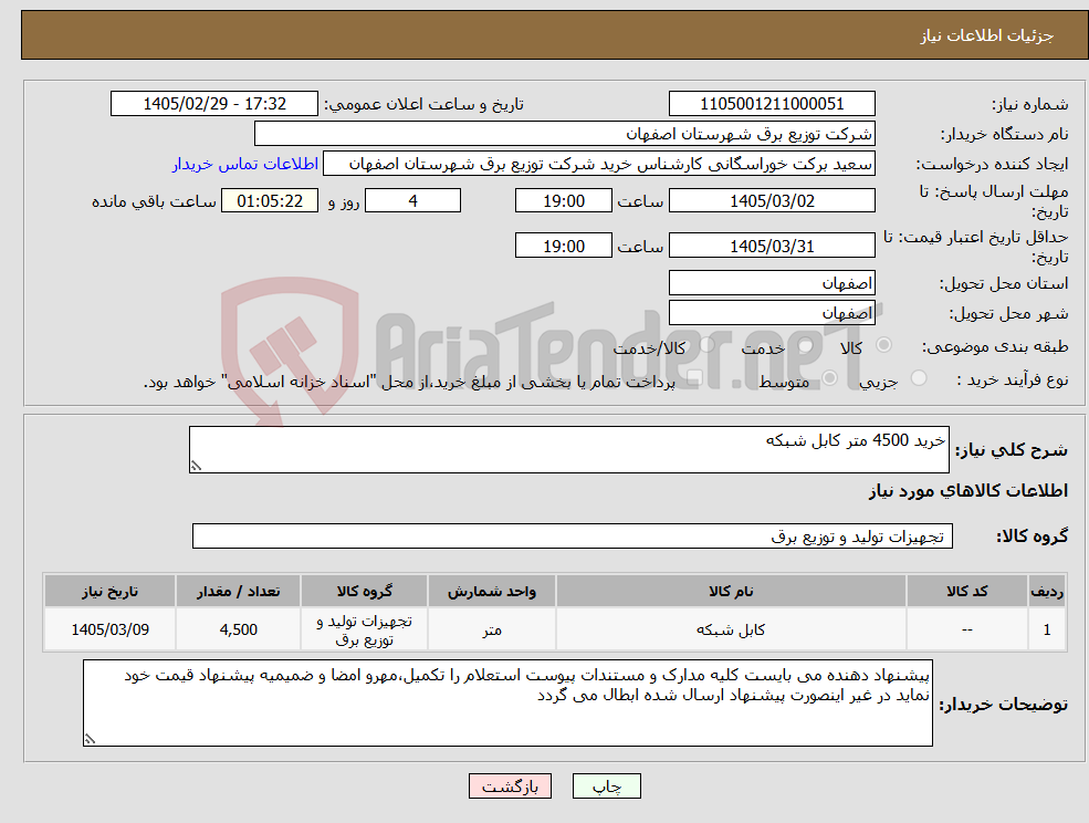 تصویر کوچک آگهی نیاز کالا-خرید 4500 متر کابل شبکه 