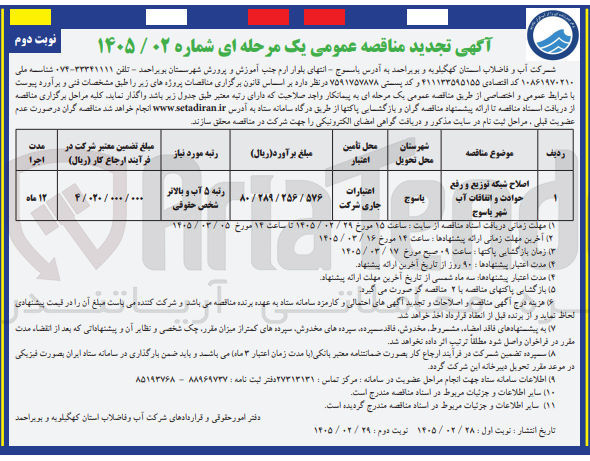 تصویر کوچک آگهی اصلاح شبکه توزیع و رفع حوادث و اتفاقات آب شهر