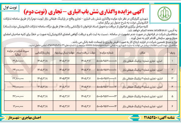 تصویر کوچک آگهی واگذاری شش باب انباری تجاری واقع در پارکینگ طبقاتی