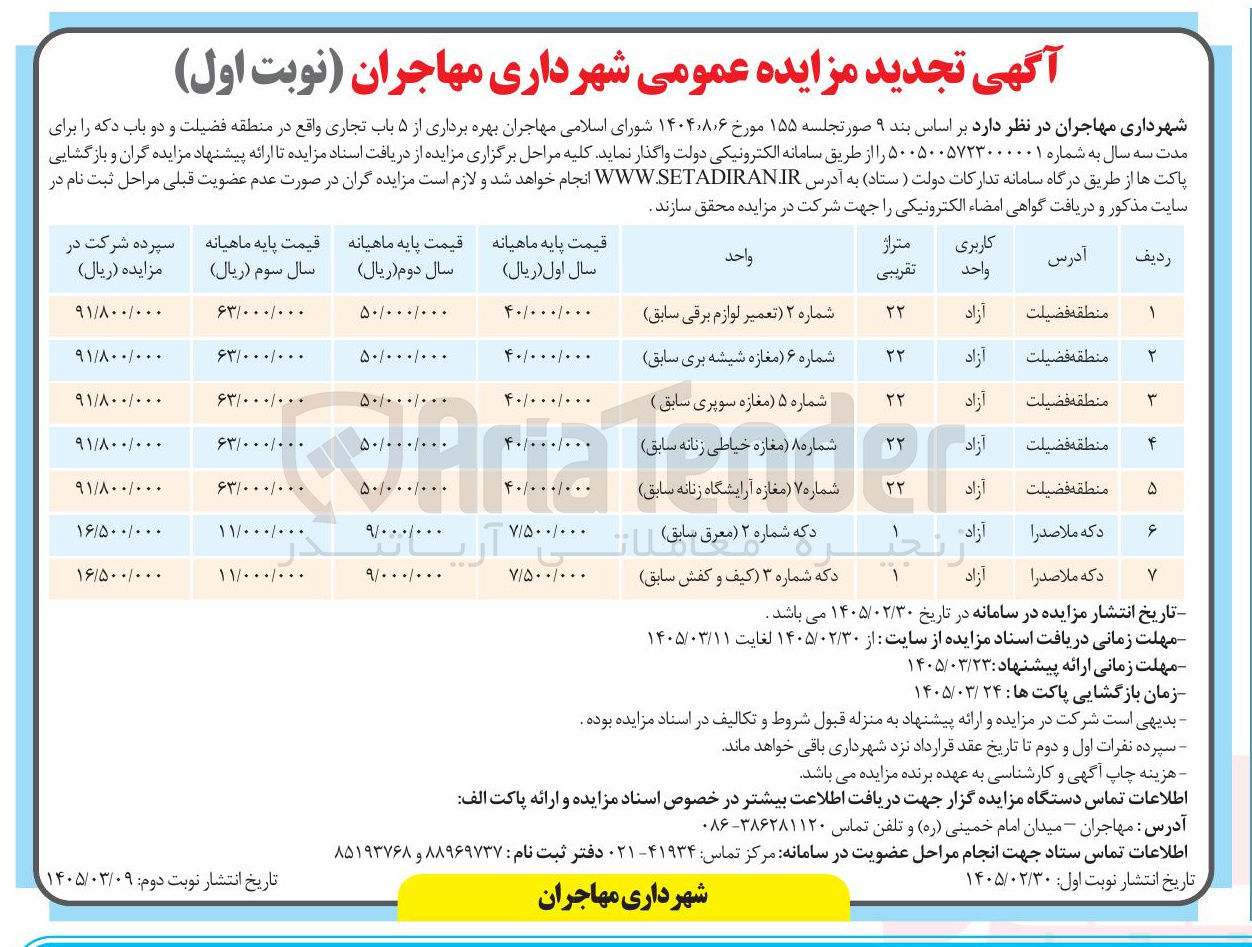 تصویر کوچک آگهی واگذاری بهره برداری از 5 باب تجاری و دو باب دکه