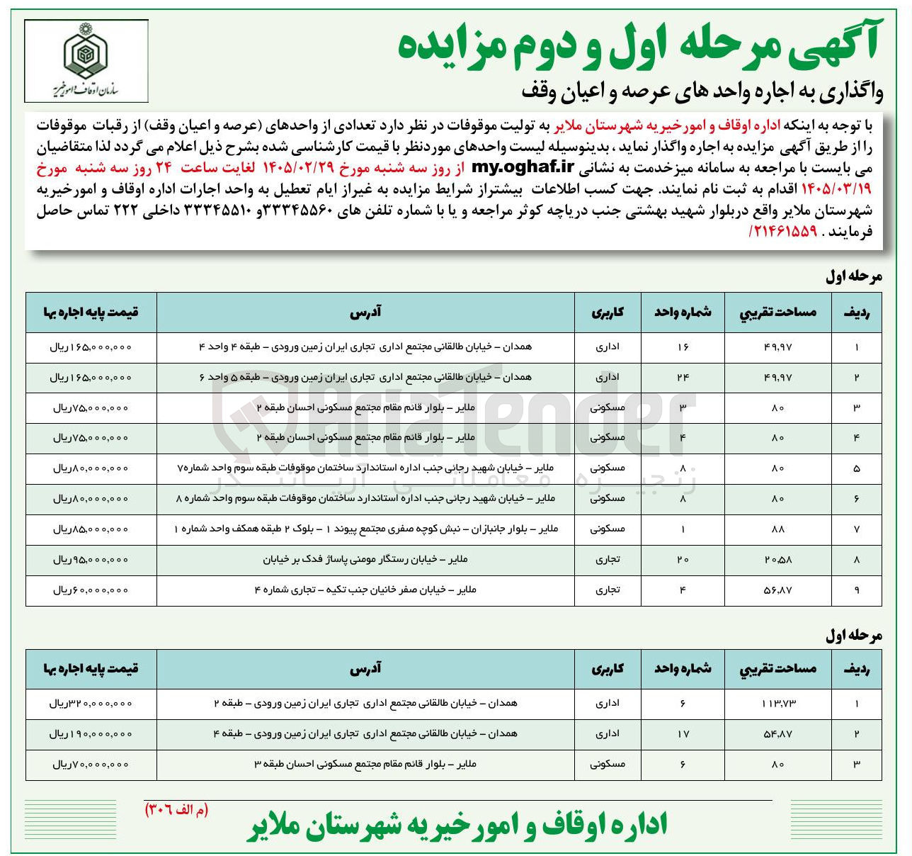 تصویر کوچک آگهی اجاره تعدادی از واحدهای عرصه و اعیان وقف از رقبات موقوفات
