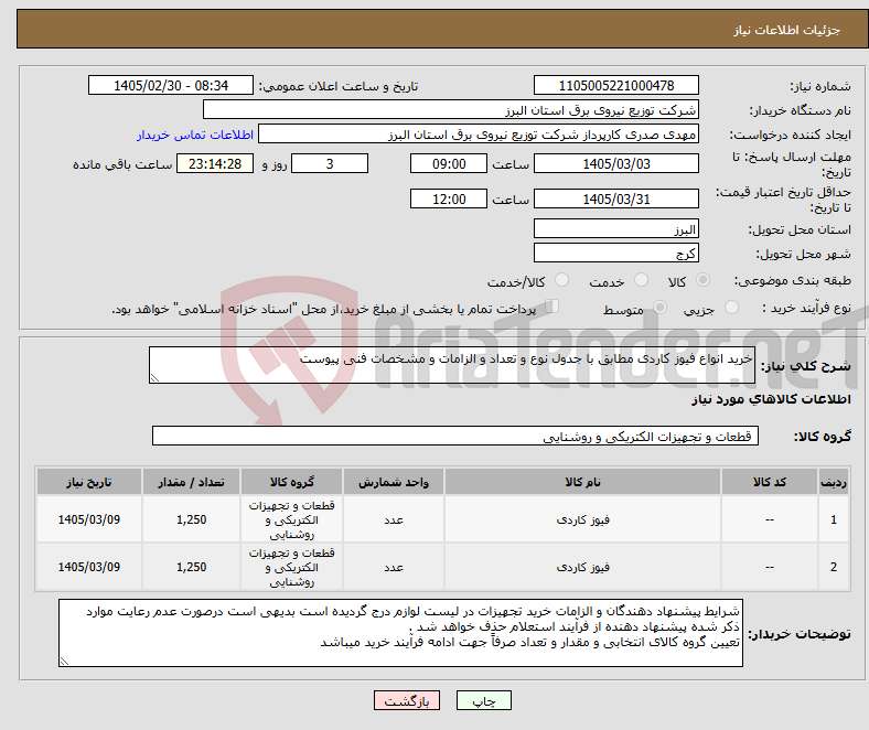 تصویر کوچک آگهی نیاز کالا-خرید انواع فیوز کاردی مطابق با جدول نوع و تعداد و الزامات و مشخصات فنی پیوست