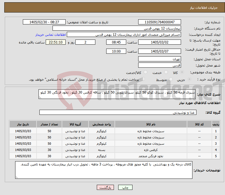 تصویر کوچک آگهی نیاز کالا-سبزی قرمه 50 کیلو . سبزی کوکو 50 کیلو. سبزی پلویی 50 کیلو . ساقه کرفس 30 کیلو . نخود فرنگی 30 کیلو .
