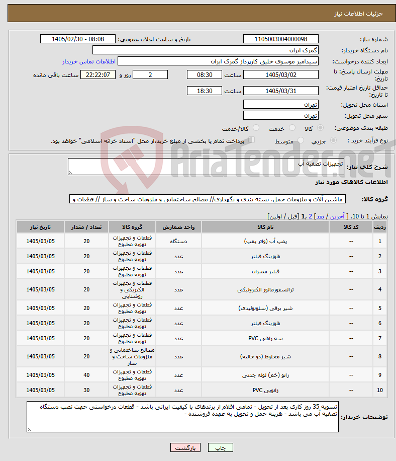 تصویر کوچک آگهی نیاز کالا-تجهیزات تصفیه آب 