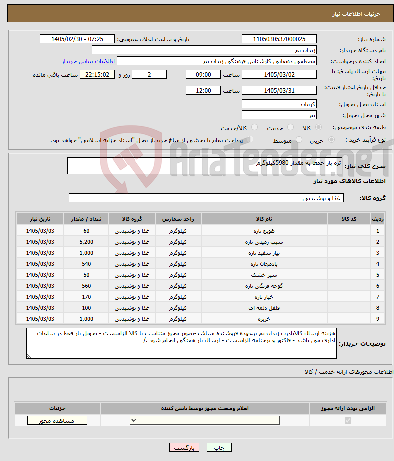 تصویر کوچک آگهی نیاز کالا-تره بار جمعا به مقدار 5980کیلوگرم