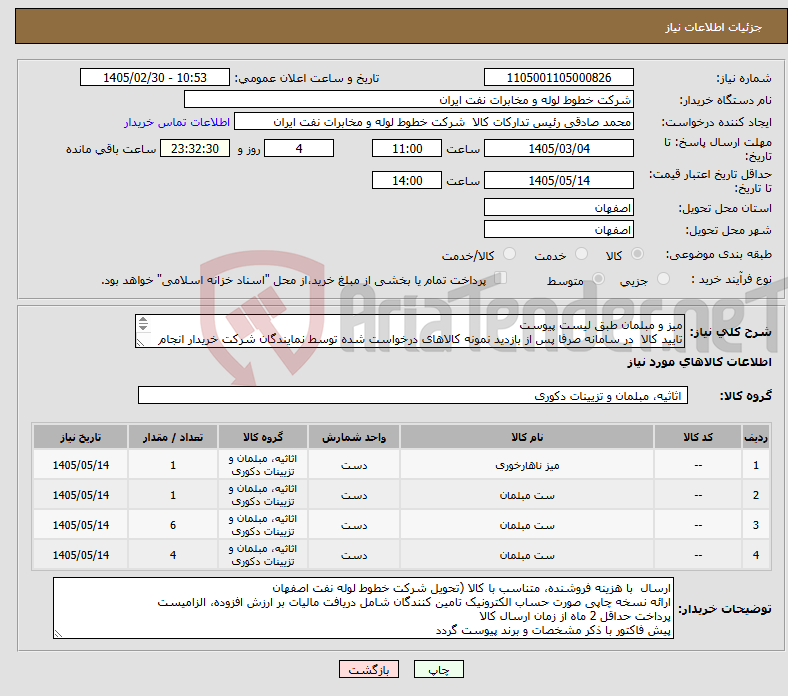 تصویر کوچک آگهی نیاز کالا-میز و مبلمان طبق لیست پیوست تایید کالا در سامانه صرفا پس از بازدید نمونه کالاهای درخواست شده توسط نمایندگان شرکت خریدار انجام خواهد شد 