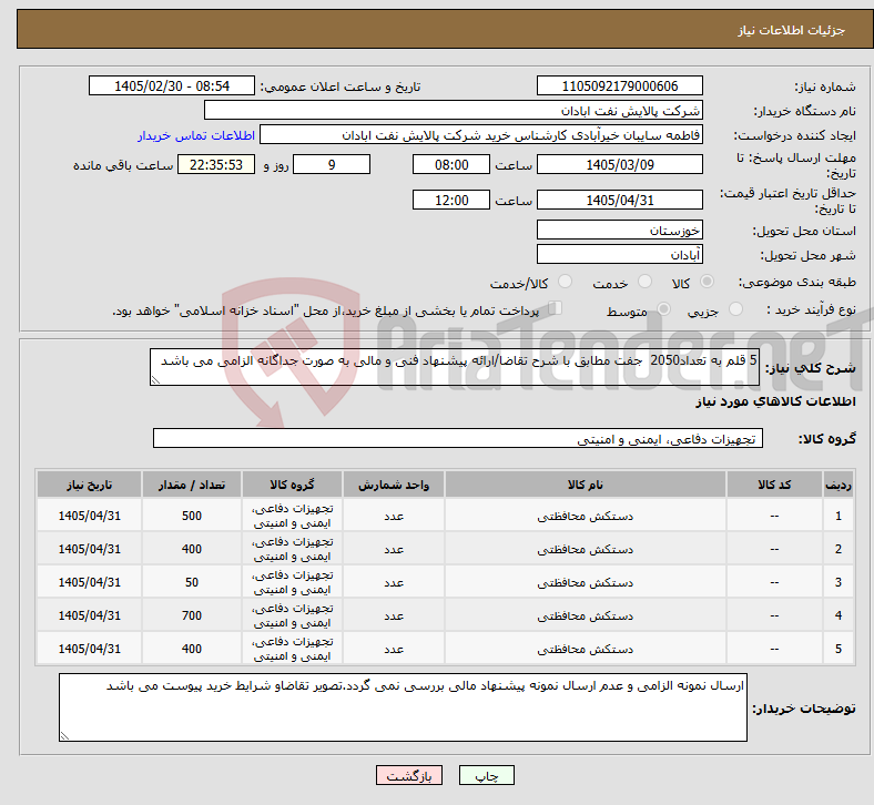 تصویر کوچک آگهی نیاز کالا-5 قلم به تعداد2050 جفت مطابق با شرح تقاضا/ارائه پیشنهاد فنی و مالی به صورت جداگانه الزامی می باشد