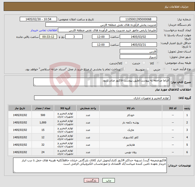 تصویر کوچک آگهی نیاز کالا-الزاما مراجعه به پیوست/طبق پیوست فاکتور صادر شود