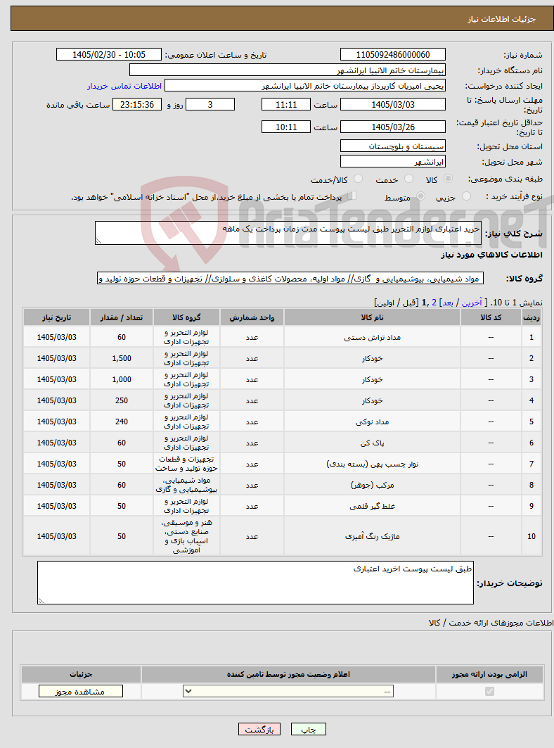 تصویر کوچک آگهی نیاز کالا-خرید اعتباری لوازم التحریر طبق لیست پیوست مدت زمان پرداخت یک ماهه
