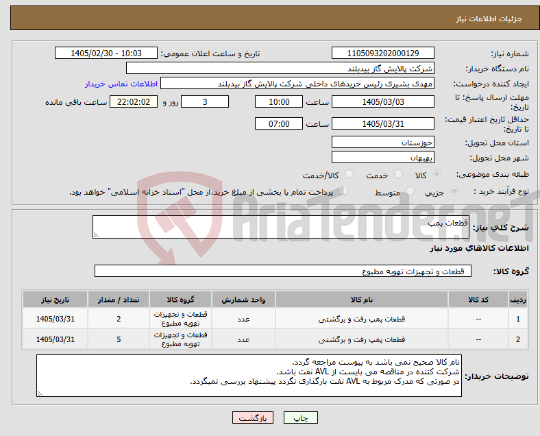 تصویر کوچک آگهی نیاز کالا-قطعات پمپ