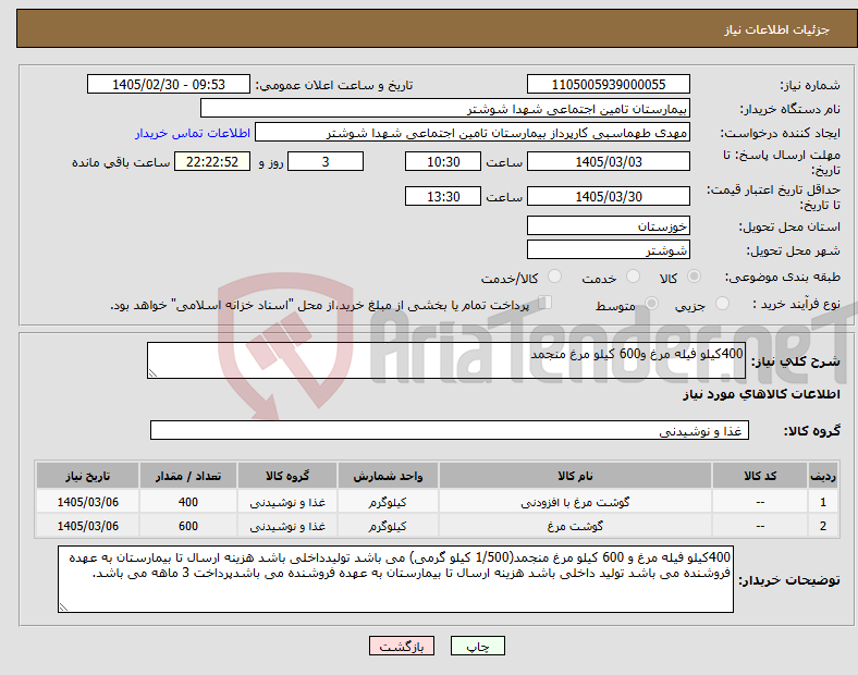 تصویر کوچک آگهی نیاز کالا-400کیلو فیله مرغ و600 کیلو مرغ منجمد 