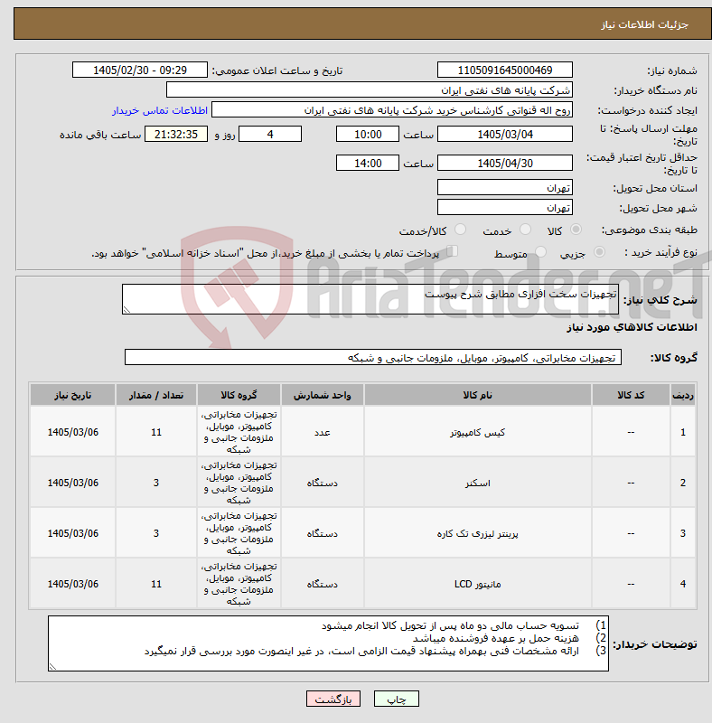 تصویر کوچک آگهی نیاز کالا-تجهیزات سخت افزاری مطابق شرح پیوست
