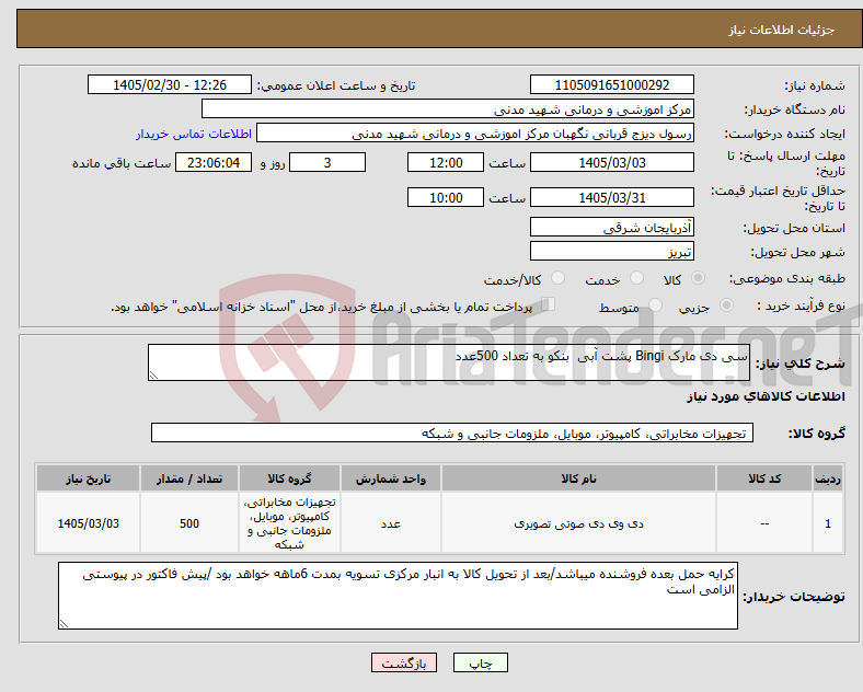 تصویر کوچک آگهی نیاز کالا-سی دی مارک Bingi پشت آبی بنکو به تعداد 500عدد