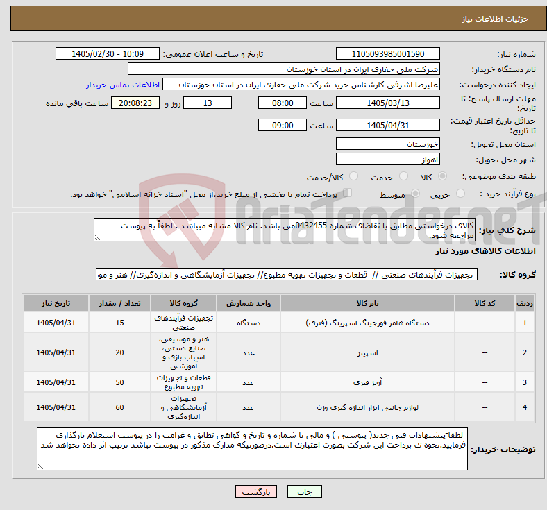 تصویر کوچک آگهی نیاز کالا-کالای درخواستی مطابق با تقاضای شماره 0432455می باشد. نام کالا مشابه میباشد . لطفاً به پیوست مراجعه شود.