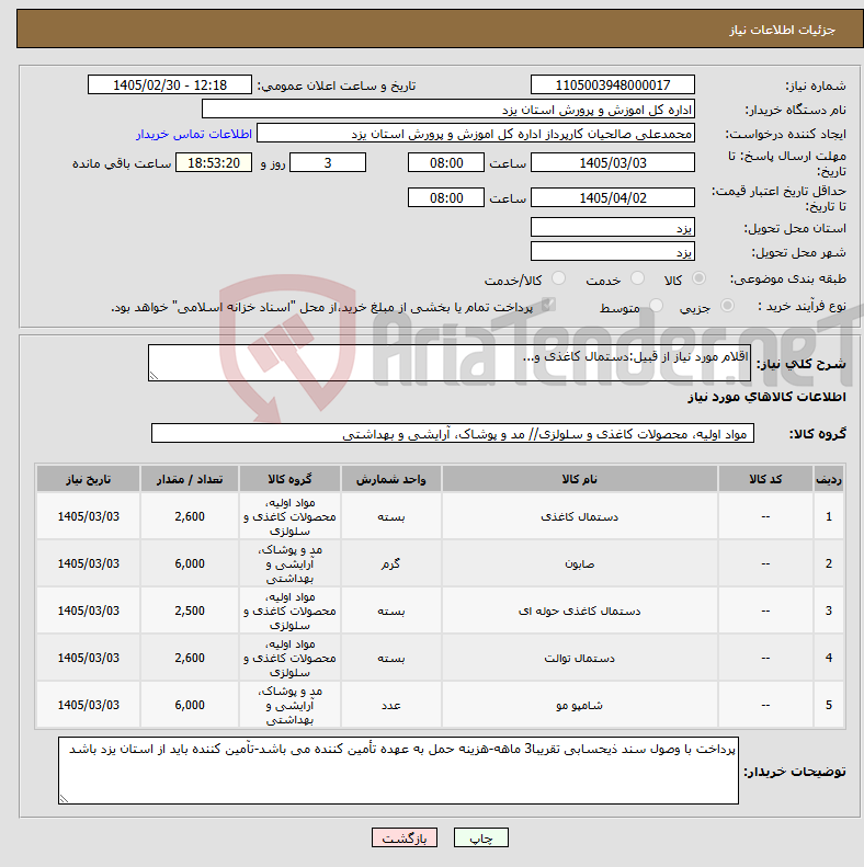 تصویر کوچک آگهی نیاز کالا-اقلام مورد نیاز از قبیل:دستمال کاغذی و...