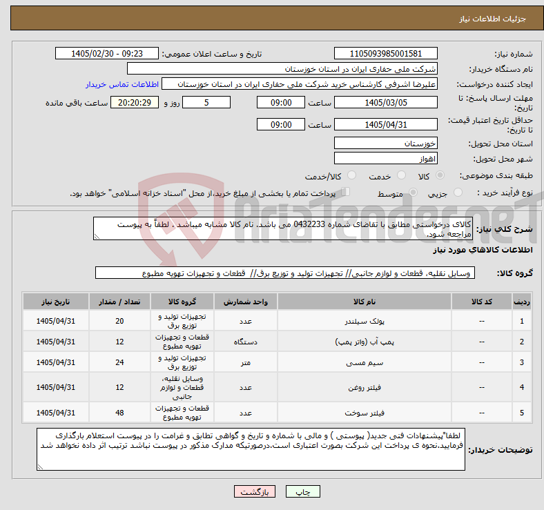 تصویر کوچک آگهی نیاز کالا-کالای درخواستی مطابق با تقاضای شماره 0432233 می باشد. نام کالا مشابه میباشد . لطفاً به پیوست مراجعه شود.
