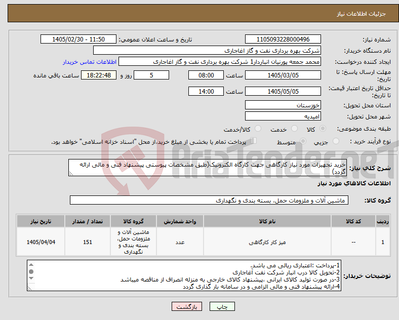 تصویر کوچک آگهی نیاز کالا-خرید تجهیزات مورد نیاز کارگاهی جهت کارگاه الکترونیک(طبق مشخصات پیوستی پیشنهاد فنی و مالی ارائه گردد)
