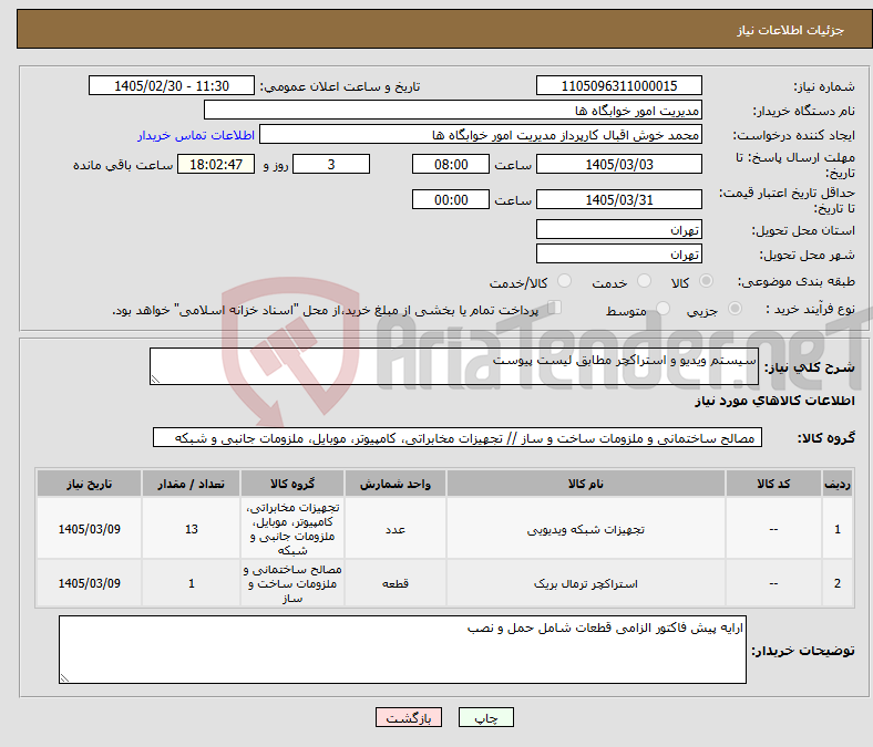 تصویر کوچک آگهی نیاز کالا-سیستم ویدیو و استراکچر مطابق لیست پیوست