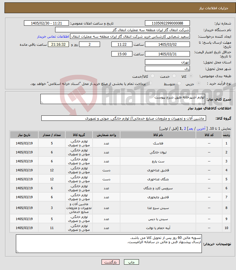 تصویر کوچک آگهی نیاز کالا-لوازم آشپزخانه طبق شرح پیوست