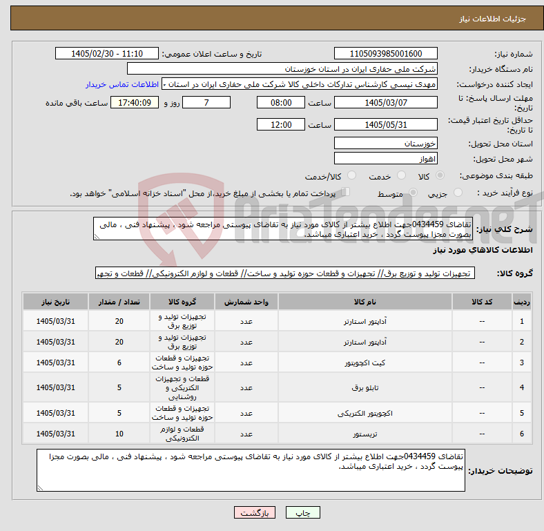 تصویر کوچک آگهی نیاز کالا-تقاضای 0434459جهت اطلاع بیشتر از کالای مورد نیاز به تقاضای پیوستی مراجعه شود ، پیشنهاد فنی ، مالی بصورت مجزا پیوست گردد ، خرید اعتباری میباشد.