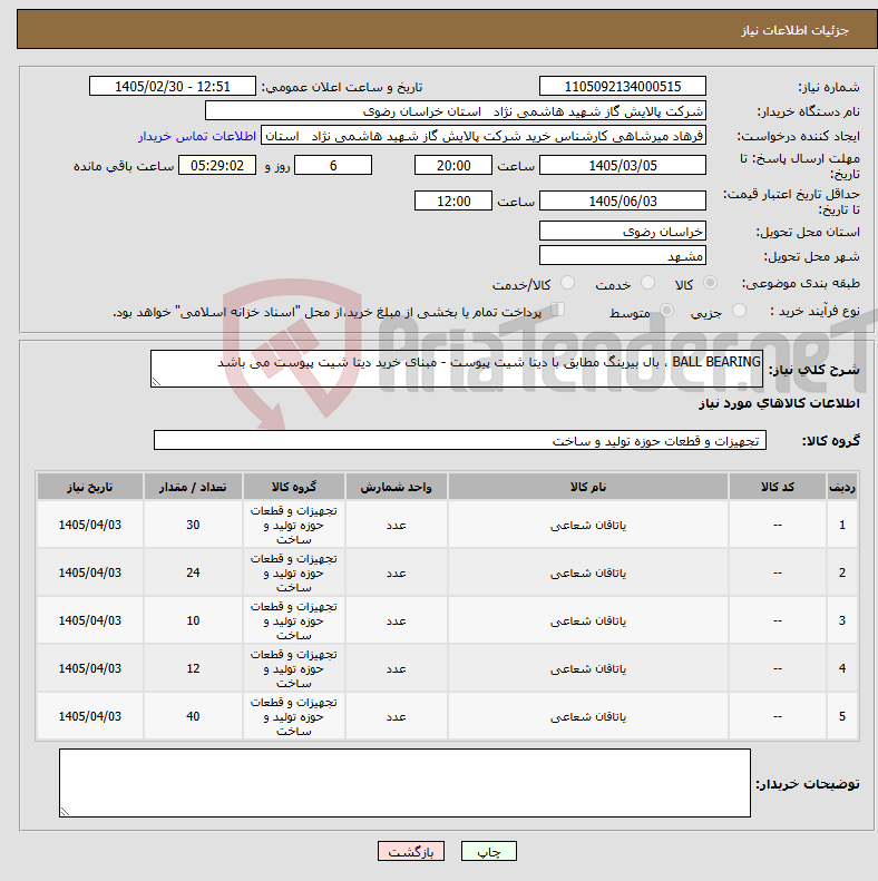 تصویر کوچک آگهی نیاز کالا-BALL BEARING ، بال بیرینگ مطابق با دیتا شیت پیوست - مبنای خرید دیتا شیت پیوست می باشد