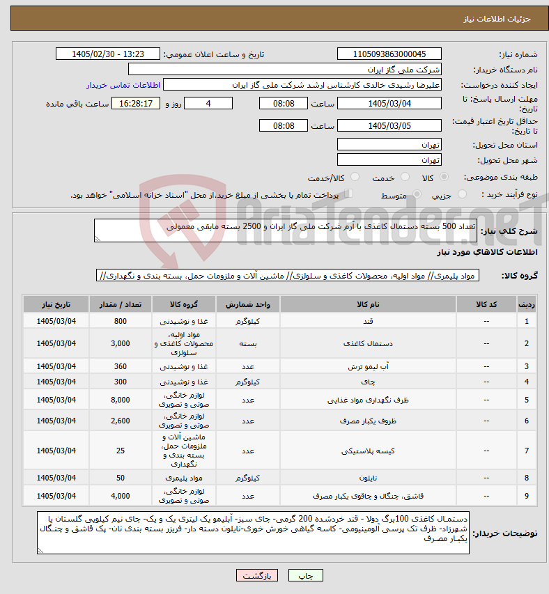 تصویر کوچک آگهی نیاز کالا-تعداد 500 بسته دستمال کاغذی با آرم شرکت ملی گاز ایران و 2500 بسته مابقی معمولی