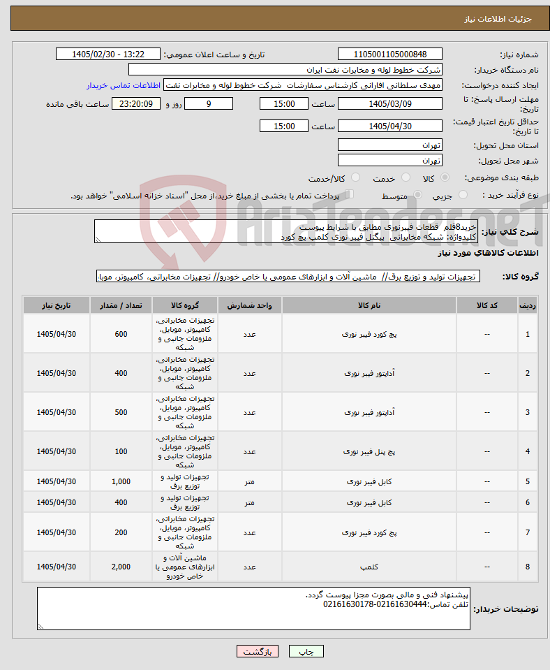 تصویر کوچک آگهی نیاز کالا-خرید8قلم قطعات فیبرنوری مطابق با شرایط پیوست کلیدواژه: شبکه مخابراتی پیگتل فیبر نوری کلمپ یچ کورد