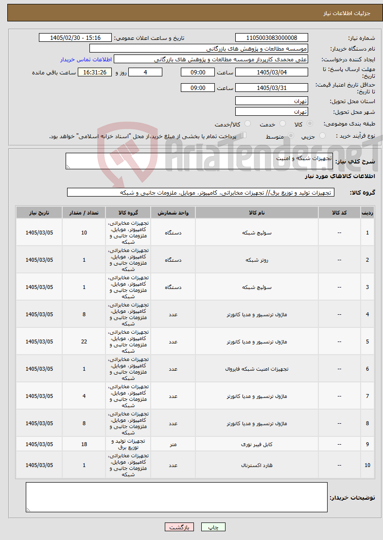 تصویر کوچک آگهی نیاز کالا-تجهیزات شبکه و امنیت