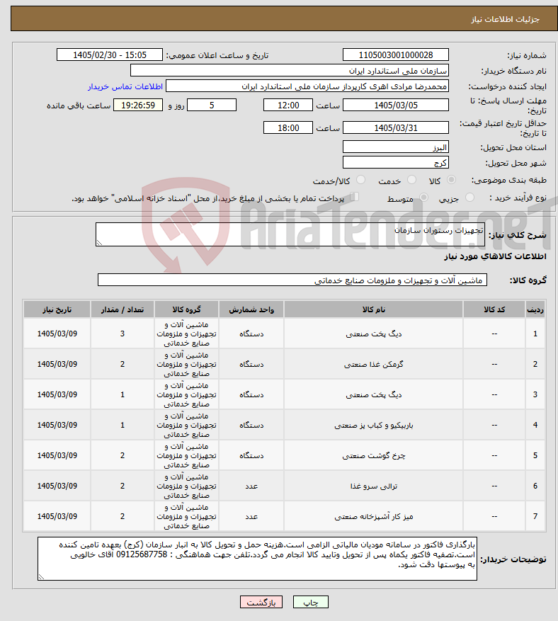 تصویر کوچک آگهی نیاز کالا-تجهیزات رستوران سازمان