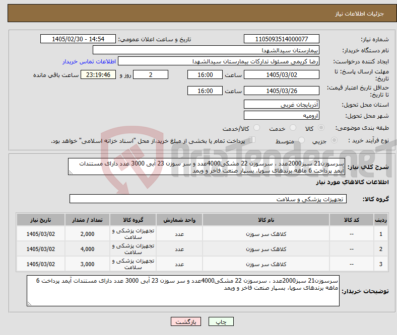 تصویر کوچک آگهی نیاز کالا-سرسوزن21 سبز2000عدد ، سرسوزن 22 مشکی4000عدد و سر سوزن 23 آبی 3000 عدد دارای مستندات آیمد پرداخت 6 ماهه برندهای سوپا، بسپار صنعت فاخر و ویمد