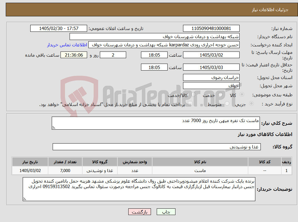 تصویر کوچک آگهی نیاز کالا-ماست تک نفره میهن تاریخ روز 7000 عدد 