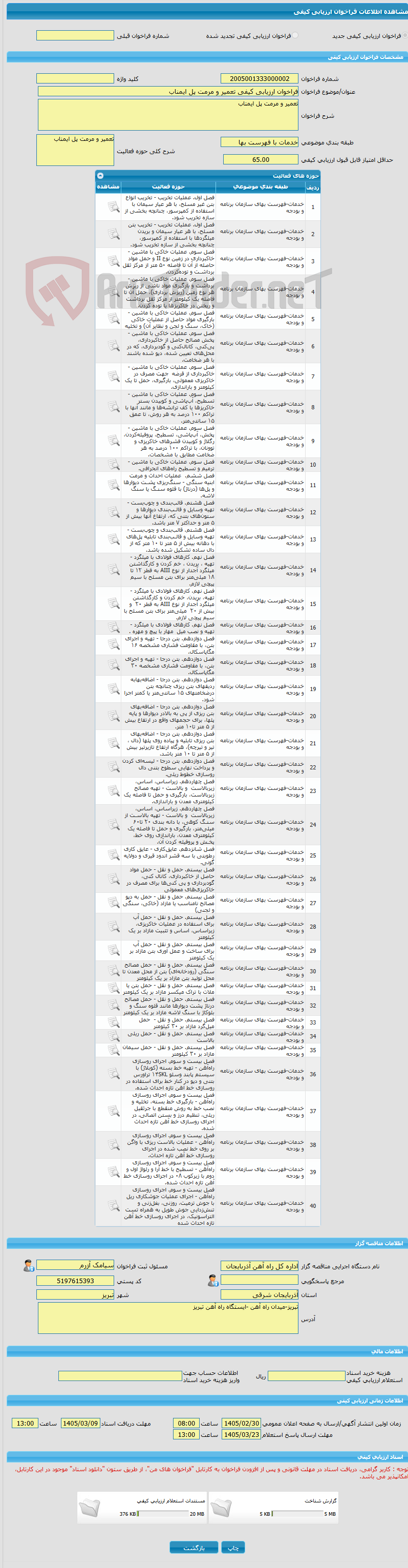 تصویر کوچک آگهی فراخوان ارزیابی کیفی تعمیر و مرمت پل ایمناب