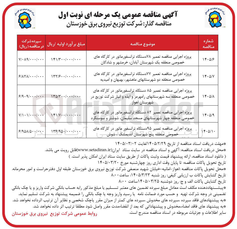 تصویر کوچک آگهی تعمیر 85 دستگاه ترانسفورماتور در کارگاه های خصوصی و انبار شرکت