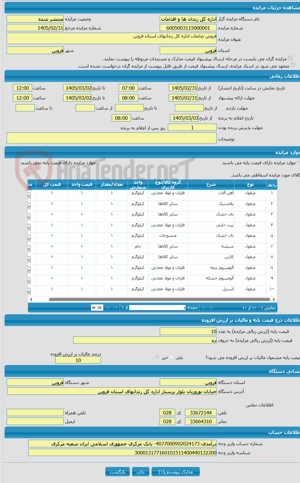 تصویر کوچک آگهی فروش ضایعات اداره کل زندانهای استان قزوین