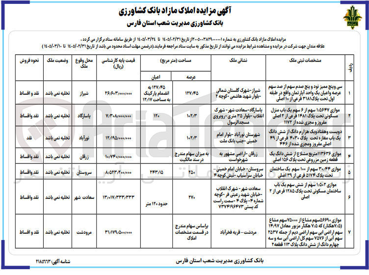 تصویر کوچک آگهی واگذاری املاک مازاد بانک