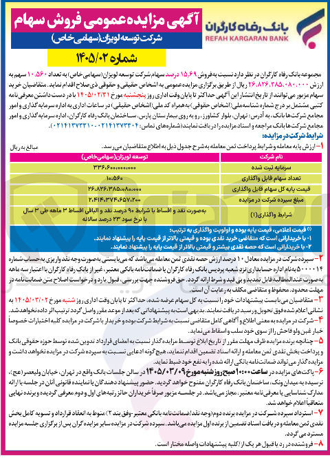 تصویر کوچک آگهی فروش 15.69 درصد از سهام شرکت توسعه لویزان