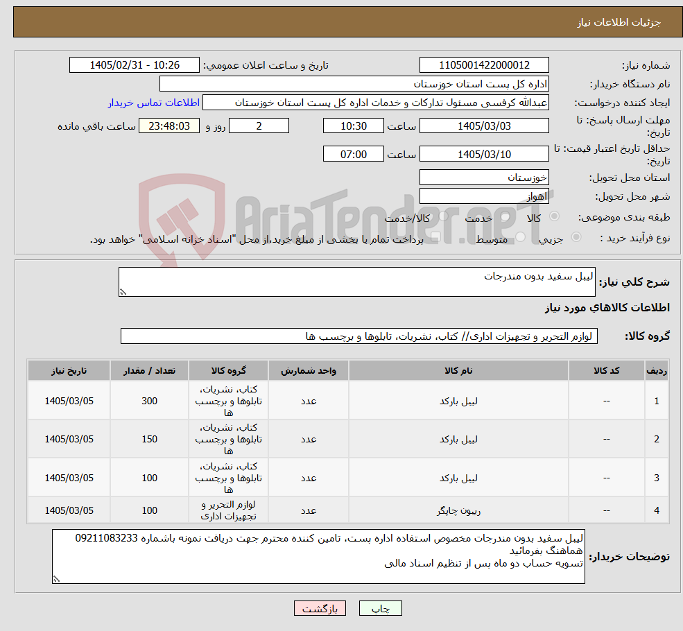 تصویر کوچک آگهی نیاز کالا-لیبل سفید بدون مندرجات
