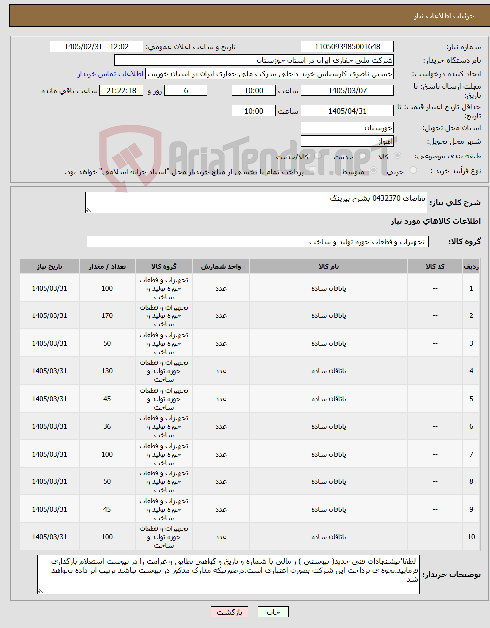 تصویر کوچک آگهی نیاز کالا-تقاضای 0432370 بشرح بیرینگ 