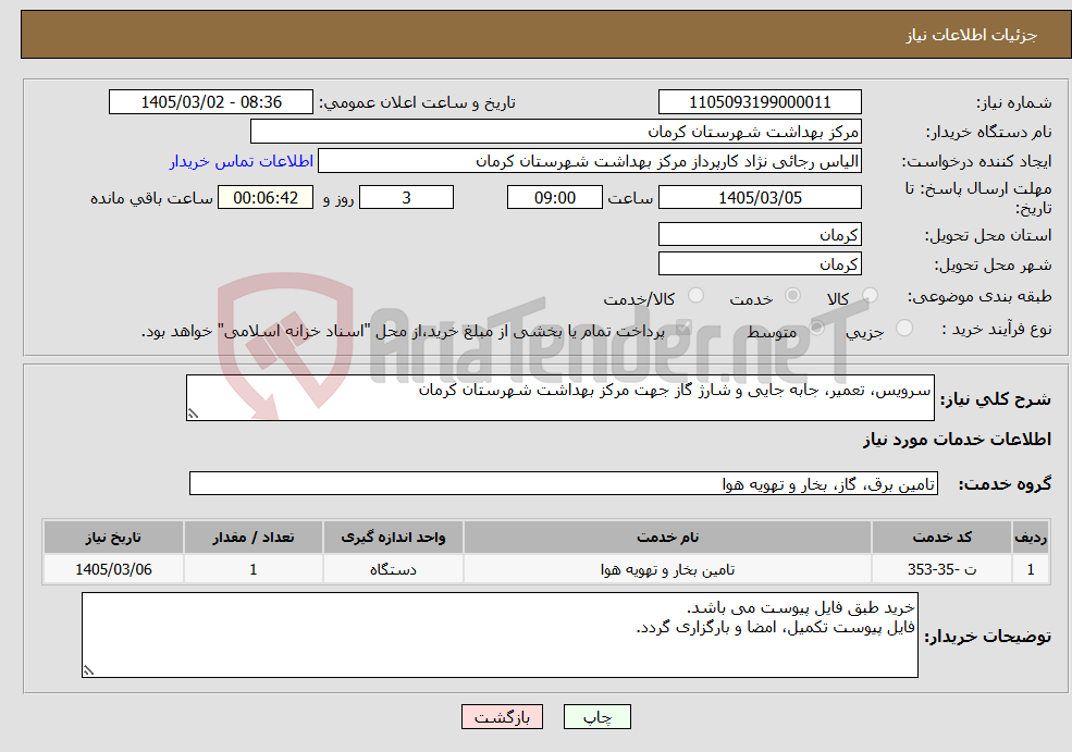 تصویر کوچک آگهی نیاز خدمات-سرویس، تعمیر، جابه جایی و شارژ گاز جهت مرکز بهداشت شهرستان کرمان