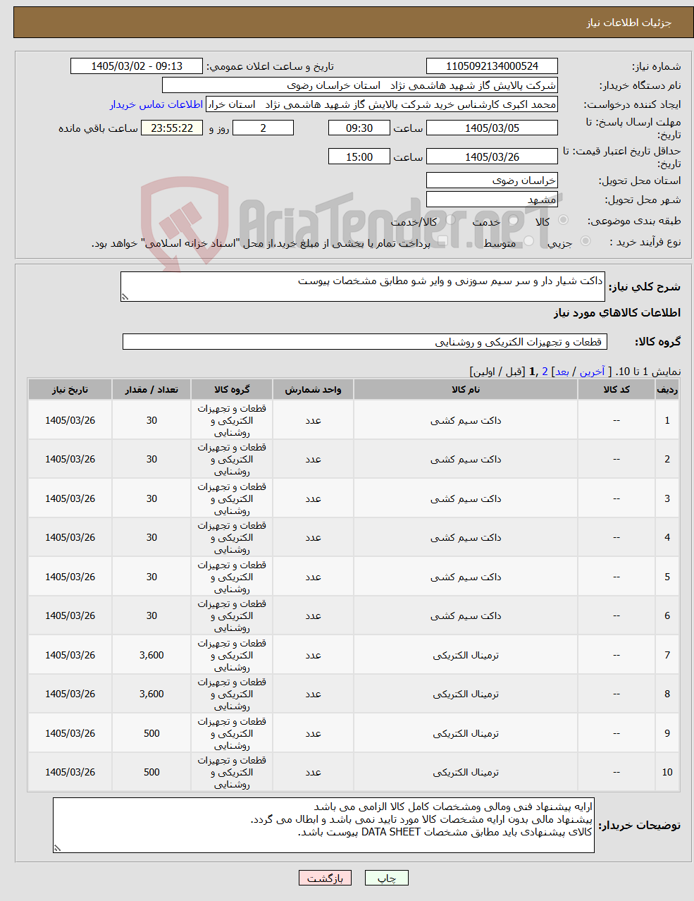 تصویر کوچک آگهی نیاز کالا-داکت شیار دار و سر سیم سوزنی و وایر شو مطابق مشخصات پیوست